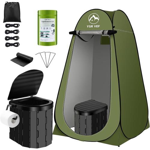 Color Green Portable Toilet Kit, Camping Toilet with Pop-Up Privacy Tent and Poo Gel Toilet Bags, Washable Portable Outdoor Showers Changing Rooms
