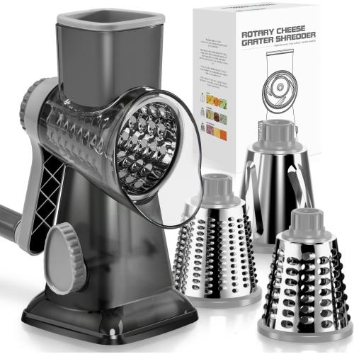 KEOUKE Rotary Cheese Grater Hand Crank Transparent - Shredder Slicer Grinder 3 Stainless Steel Blades, Stable Suction, Labor-Saving Handle, Safe Kitchen Tool for Cheese, Vegetable, Nuts, Chocolate