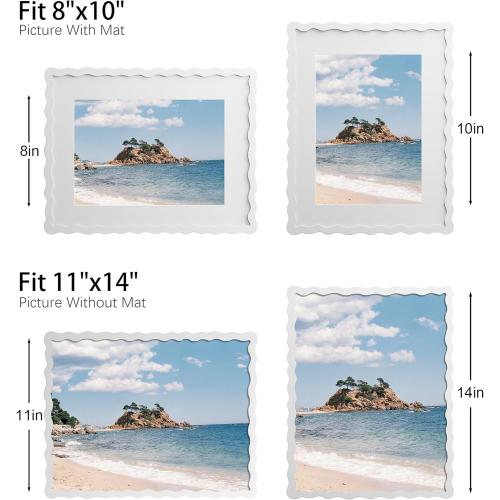 11x14 Picture Frame with Mat for 8x10, Wavy Edge Wooden Real Glass Photo Frame for Wall Hanging, White, 1 Pack