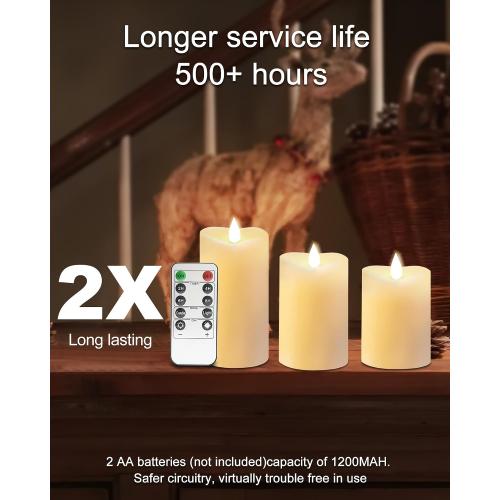 LOGUIDE Flickering Flameless Candles with Remote Timer, Realistic 3D Moving Flame with Real Wax Pillar LED Candles,Lasting 500 Hours Battery Operated Candles for Wedding Decoration, Christmas,3 Pack