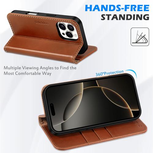 SHIELDON Case for iPhone 16 Pro Max 5G 2024, Genuine Leather Folio Wallet Magnetic Kickstand RFID Blocking Card Slots Shock-Absorbent Phone Cover Compatible with iPhone 16 Pro Max 6.9 - Retro Brown