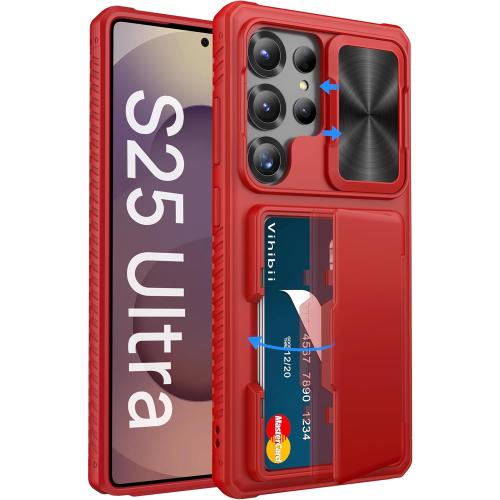 Vihibii for Samsung Galaxy S25 Ultra Wallet Case with Card Holder (4 Cards), [RFID Blocking] & Slide Camera Lens Cover & Raised Edges Protect Screen, Shockproof Cover for Samsung Galaxy S25 Ultra, Red