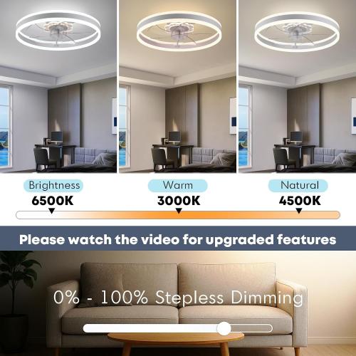 Fszdorj 23.6'' Ceiling Fan with Light, Upgraded Low Profile Fan, Flush Mount Ceiling Fan, 6 Speeds, Dimmable LED, App & Remote Control, Quiet DC Motor, for Bedroom, Living Room, F105 White N