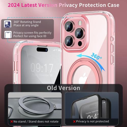 Privacy Case for iPhone 16 Pro with 360°Stand [Built-in Anti Peeping Screen Protector] [Compatible with MagSafe] [Magnetic Ring ] Full Body Protective Phone Cover 6.3, Pink