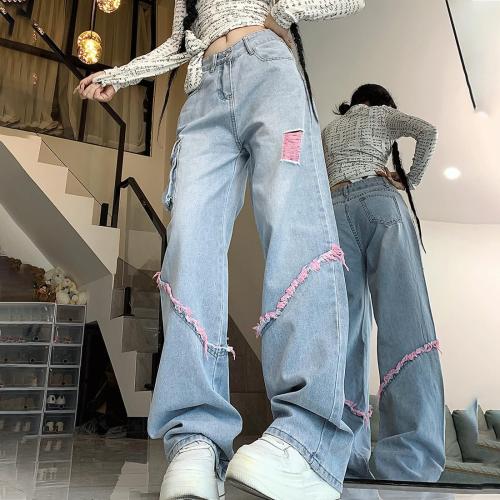 Grunge Y2K Goth Vintage Casual High Rise Loose Straight Wide Leg Pink Ripped Frayed Raw Trim Cargo Jean Pants large