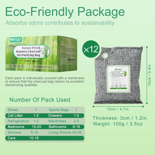 Size Large Set of 12 Activated Charcoal Odor Absorber (Large, 12 Pack, 100g each), Natural Charcoal Bags Odor Absorber Bamboo Charcoal Air Purifying Bag for Home, Fridge, Cabinet