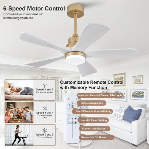 BOJUE 42 Inch Ceiling Fans with Lights and Remote Control, White Gold Ceiling Fan with Light for Bedroom, Noiseless DC Motor, Dimmable Led 5 Solid Wood Blades