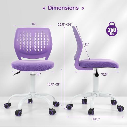 Kids Desk Chair, Adjustable Children Study Chair, Swivel Armless Mesh Task Office Chair, Computer Desk Chair with Adjustable Height & Lumbar Support (Purple)