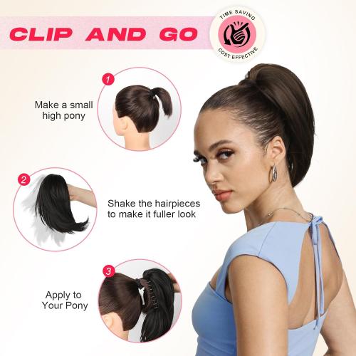 NTYNTY Ponytail Extension, 10 Short Claw Clip in Ponytail Hair Extensions Messy Bun Hair Piece Natural Soft Synthetic Straight Pony Tail Hair Pieces for Women - Natural Blonde