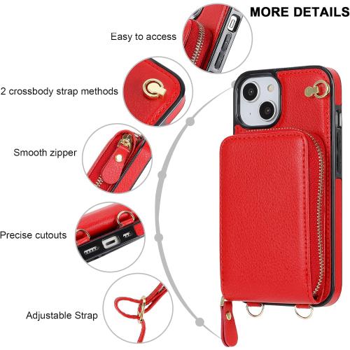 KIHUWEY Crossbody Wallet Case for iPhone 13 iPhone 14, Zipper Pocket Case with Card Holder, PU Leather RFID Blocking Protective Cover Case with Kickstand Detachable Wrist Strap Lanyard 6.1 (Red)