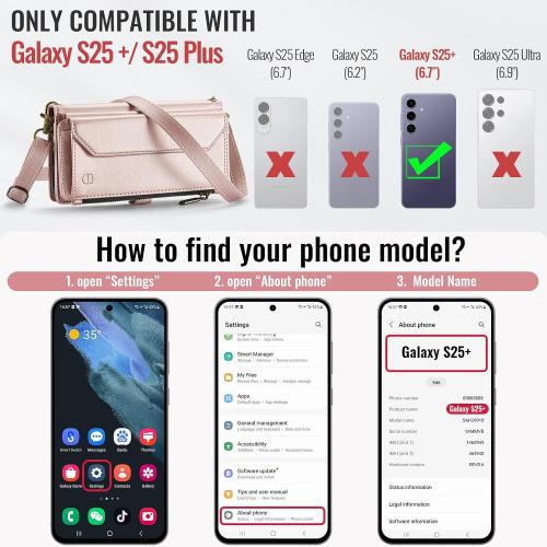 Strapurs for Samsung Galaxy S25 Plus - Zipper Strap Wallet Case, Rose Gold