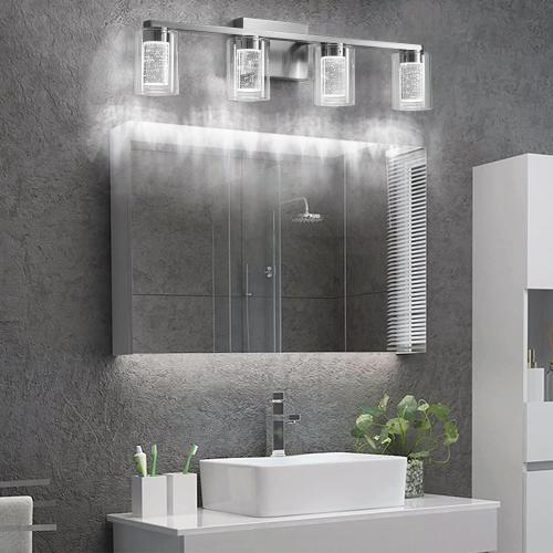 Bathroom Light Fixtures, 4 Light Brushed Nickel Vanity Light Over Mirror, 3 Color LED Bathroom Vanity Lights with Crystal Bubble Glass, Dimmable Bubble Wall Sconce Lighting for Bathroom, Living Room
