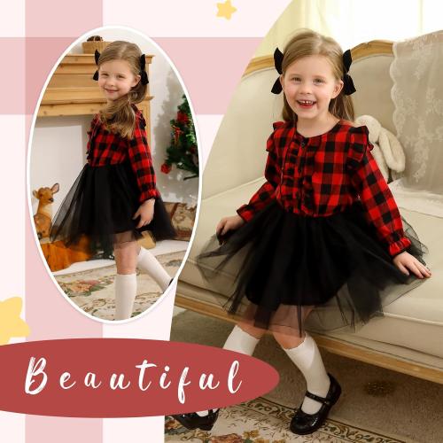 Toddler Kids Girls Clothes Christmas Dress Ruffle Red Plaid Black Mesh Skirt Outfits Overall Fall Winter 4-5Y