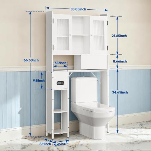 Over The Toilet Storage Cabinet - Over Toilet Bathroom Organizer with Sliding Barn Doors, Adjustable Shelves & Toilet Paper Holder, pace-Saving Over-Toilet Rack for Bathroom, Restroom, Laundry, White