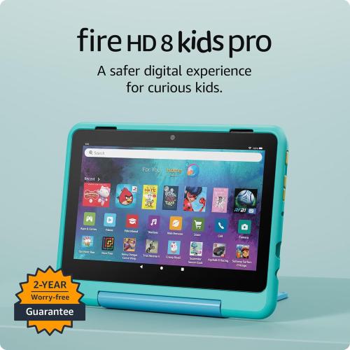 Amazon Fire HD 8 Kids Pro tablet (newest model), ages 6-12. Bright 8 HD screen, includes ad-free content, parental controls, 13-hr battery, slim case for older kids, 32GB, Discovery