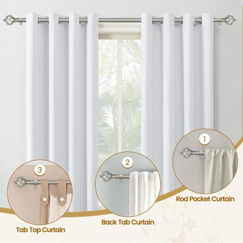 KAMANINA Silver Curtain Rod 32 to 58 Inch(2.6-4.8ft), Adjustable Curtain Rods for Windows 28 to 48 Inch, 3/4 Inch Splicing Drapery Rods with Twisted Cage Finial