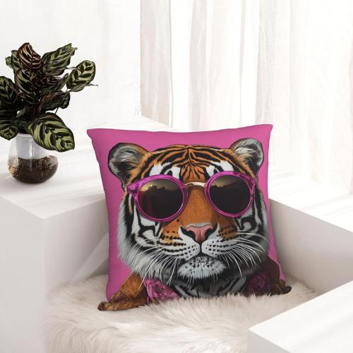 Tiger Throw Pillow Cover 18x18Inch, Tiger with Sunglasses, Home Set for Spring Summer Decorations Outdoor Decor Farmhouse Cushion Case for Home Holiday