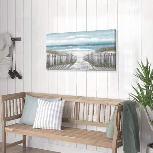 Canvas Wall Art Beach Pathway: Sandy Path with Fence Painting to the Coastal Hand Painted Artwork Picture for Bedroom (40'' x 20'', Multi-Sized)