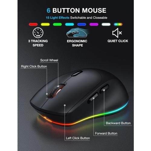 Color Black SABLUTE Wireless Keyboard and Mouse Combo, 9 Backlit Effects, Large Print, Wrist Rest, Phone Holder, 2.4G Lag-Free Ergonomic Keyboards, Rechargeable Easy to See Cordless Set for Computer, Laptop, PC