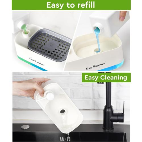 Hand and Dish Soap Dispenser Set for Kitchen, Dual Soap Dispenser with Sponge Holder, 3-in-1 Countertop Soap Pump Dispenser for Kitchen Sink, Useful Kitchen Gadgets - White