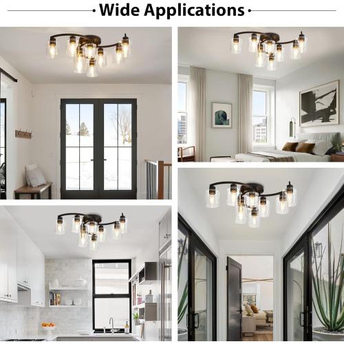 Semi Flush Mount Ceiling Light Fixtures, Black Kitchen Light Fixtures Ceiling Mount, 9 Light Industrial Ceiling Lights with Clear Glass Shade for Bedroom Hallway Living Room