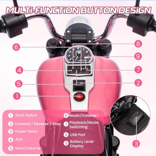 Kids Motorcycle, 12V Battery Powered Electric Motorcycle, 3-Wheel Ride On Motorcycle w/Training Wheels, Reverse, Headlight, Horn, Music, Ride On Toy for Kids Toddler Boys Girls Ages 3-5 Years (Pink