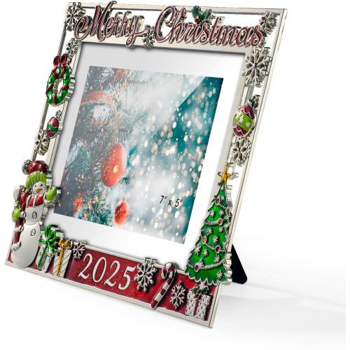 2025 Christmas Decorations Picture Frame 5x7 Snowflake Christmas Metal Photo Display Photo Frames with High Definition Glass Front Gift Ideas Tabletop Home Decorative (Snowman 2025)