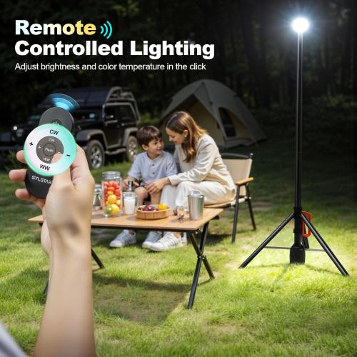 SYLSTAR 360° Rechargeable Work Light with Remote &Telescopic Stand (8.4Ft), 3000LM Ultra Bright 3CCT Dimmable, 6000mAh Battery, Portable Camping Light for Jobsite Workshop Sports Emergencies