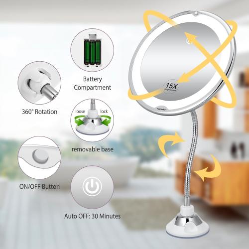 Flexible 15X Magnifying Suction Mirror - Dimmable LED Vanity Mirror, Power Suction Cup, Portable for Home Bathroom - Ideal for Detailed Makeup Eyeshadow Eyeliner (Large)