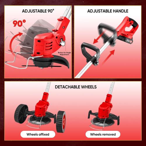 SakerPlus Wireless Weed Cutter, 24V Cordless Electric Grass Trimmer Weed Eater Wacker with 2 Batteries, 3-in-1 Lightweight Brush Cutter/Lawn Mower/Edger with Wheels for Lawn, Garden & Yard(Red)