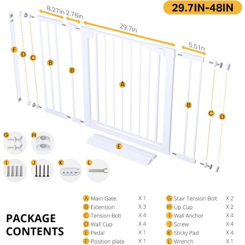 Cumbor 29.7-54.2 Baby Gate for Stairs, Mom's Choice Awards Winner-Dog Gates for Doorways, Auto Close Safety Pet Gate for Dogs Indoor, Easy Install Pressure Mounted Child Gate with Walk Thru Door, White