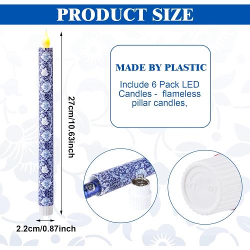 Baquler 6 Pcs Chinoiserie Flameless Candles 10.6 Inch Blue and White Battery Operated Led Candlesticks Chinoiserie Decor Porcelain for Holiday, Wedding, Party Table Centerpiece Home Decor