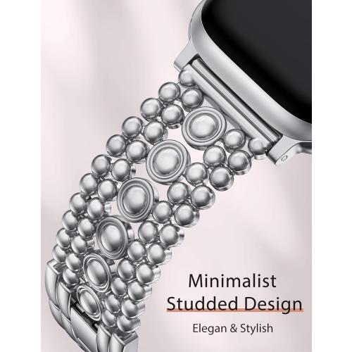 Minyee Compatible with Apple Watch Band 42/46/38/40/41/44/45/49mm Women, Dressy Pretty Stainless Steel Metal Strap Fancy Studded Designer Link Bracelet for iWatch Series 11 10 9 8 7 6 5 4 SE/Ultra 3