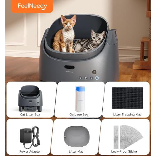 Automatic Litter Box Self Cleaning, FeelNeedy Open-Top Smart Cat Litter Box with App Control, Odor-Control Safety Sensor Design for 1-3 Cats, Includes Waste Bags