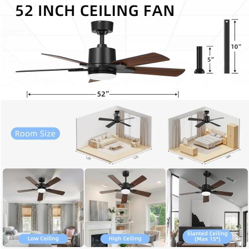 52 Inch Ceiling Fans with Lights, Large Ceiling fan with Light and Remote/APP Control, Quick Installation, 3CCT, Dimmable, Noiseless Reversible Motor, 5 Blades Black Ceiling Fan for Outdoor Indoor