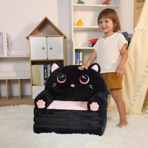 Size Small Color Pink and Black Kids Couch Fold Out, Velvet 2-in-1 Flip Open Couch for Toddlers, Comfy Toddler Chair for Reading and Napping, for Boys and Girls (Black & Pink Kitty)