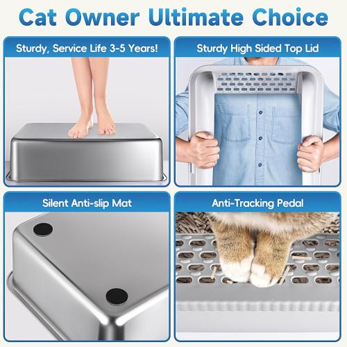 2 Pack Stainless Steel Cat Litter Box with Lid, XL Extra Large Metal Box for Big Cats, 24 L x 16 W x 12 H, Enclosed Litter Box High Sided, Non-Sticky, Include Litter Scoop
