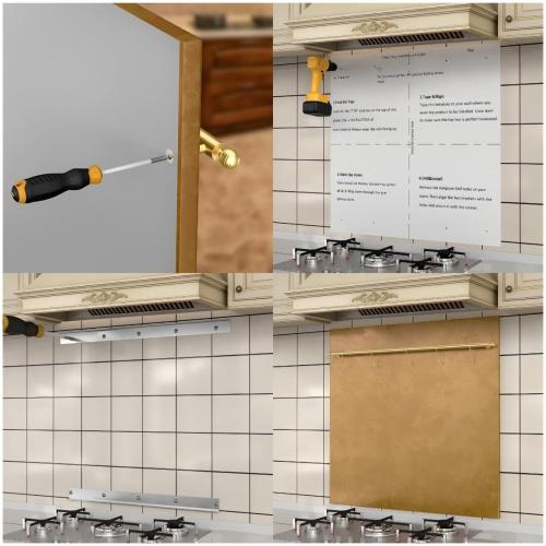 Fietrexa 29.5“x29.5” Aged Brass Finish 304 Stainless Steel Rang Hood Backsplash with Solid Brass Rail & S Hooks,Stove Backsplash,Vintage Style,Kitchen Wall Splash Guard.