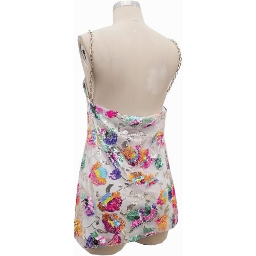 Size Large Color White Sunfere Women's Sequin Dress Sexy Sparkly Floral Summer Backless Deep V Low-Cut Shiny Strap Mini Dress for Party Cocktail Clubwear