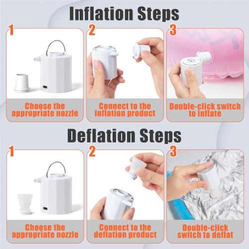 Black Portable Air Pump for Inflatables - 4.5Kpa Mini Powerful Air Mattress Pumps with Camping Light & Nozzles, Rechargeable Inflator Deflator Machine for Pool Float Sleeping Pad Vacuum Storage Bags