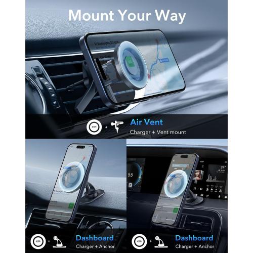ESR for MagSafe Car Mount, Magnetic Phone Holder for Car Air Vent, Car Phone Holder Mount for iPhone 17e/17/16/16e/15/14/13/12/Samsung, All Smartphones(2 Metal Rings Included),Charging Not Supported