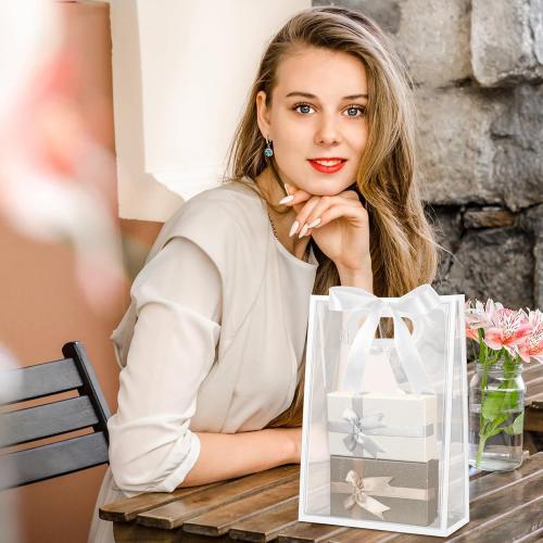Aliceset 12 Pcs Clear Plastic Gift Bag with Die Cut Handles Reusable PP Favor Bag with Ribbon for Wedding Bridal Birthday Baby Shower Party Small Business, 7x10x3.15 Inch(White)