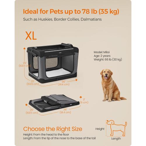 Feandrea Collapsible Dog Crate, Portable Dog Travel Crate for Large Dogs, Oxford Fabric Pet Carrier with 4 Mesh Doors, Handles, Storage Pocket, Water Bottle Holder, Ink Black UPDC019B01