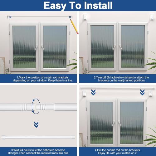Curtain Rods No Drilling for Windows 30 to 45 Inches,5/8 Inch Diameter No Drill Small Curtain Rod Set with 3M Adhesive Brackets,Not Suitable for Painted Walls, White