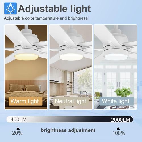 42 Inch White Ceiling Fan with Light and Remote Control,Dimmable 3 Color Temperatures LED Ceiling Fan,6 Speeds Reversible DC Motor,5 Blades Modern Ceiling Fans for Indoor or Covered Outdoor