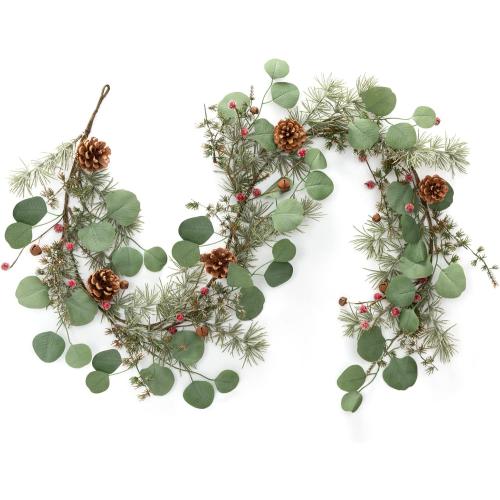 LOHASBEE Artificial Christmas Garland, 5 Feet Pine Cone Eucalyptus Garland with Snow, Red Berries, Bells Glitter for Christmas Indoor Outdoor Garden Gate Front Door Home Wall Window Stair Decor