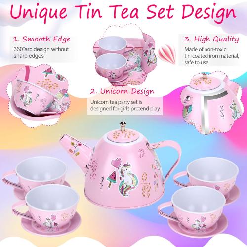 Auney Tea Set Girls Toys 36pcs, Tin Unicorn Tea Party Set Toy Pretend Play Gifts for Little Girls Age 3-6, Kids Toys Gifts for Toddlers Including Carrying Case (Unicorn Toy)