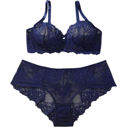 Size 38C...MakeMeChic Women's Plus Size 2 Piece Lingerie Set Floral Lace Sheer Underwire Bra and Panty Set