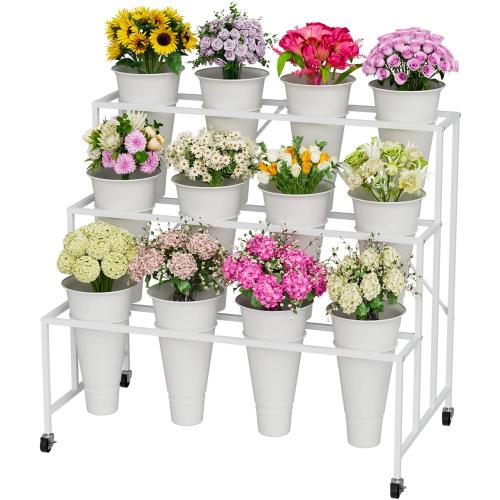 Flower Stand, 3-Tier Flower Display Stand with Buckets for Indoor Outdoor, Flower Cart Display Stand with Wheels for Courtyard, Balcony, Flower Shop, Wedding, Party, Exhibition, White
