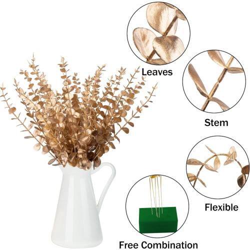 FEQO 36 Pcs Gold Eucalyptus Stems Artificial Leaves Faux Eucalyptus Stems Branches 15 inch for Wedding Bouquet Home Decor